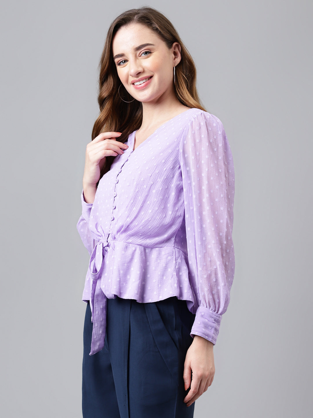 Lavender Full Sleeve Solid Normal Blouse Top