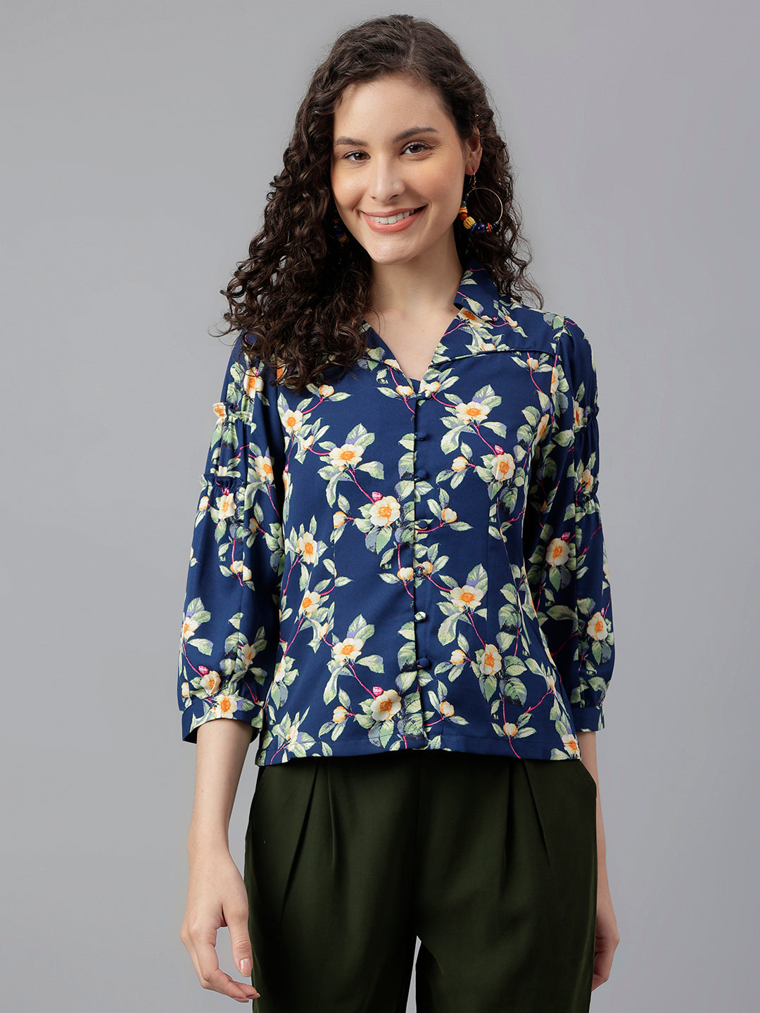 Blue 3/4 Sleeve Printed Shirt Blouse Top