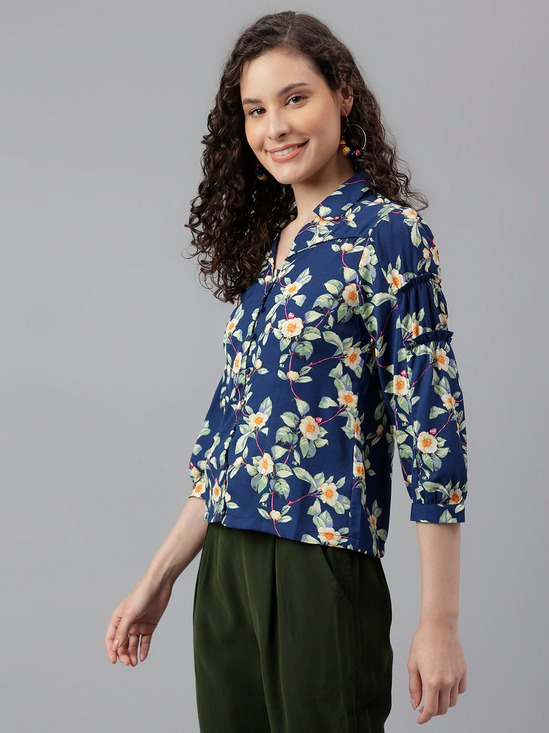 Blue 3/4 Sleeve Printed Shirt Blouse Top