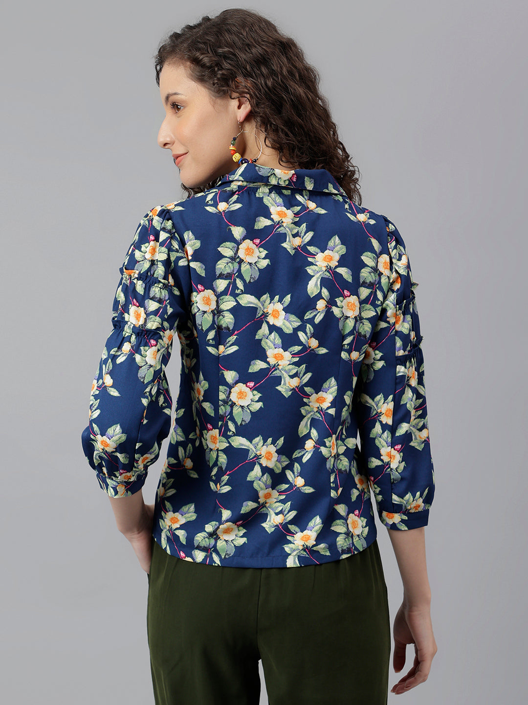 Blue 3/4 Sleeve Printed Shirt Blouse Top