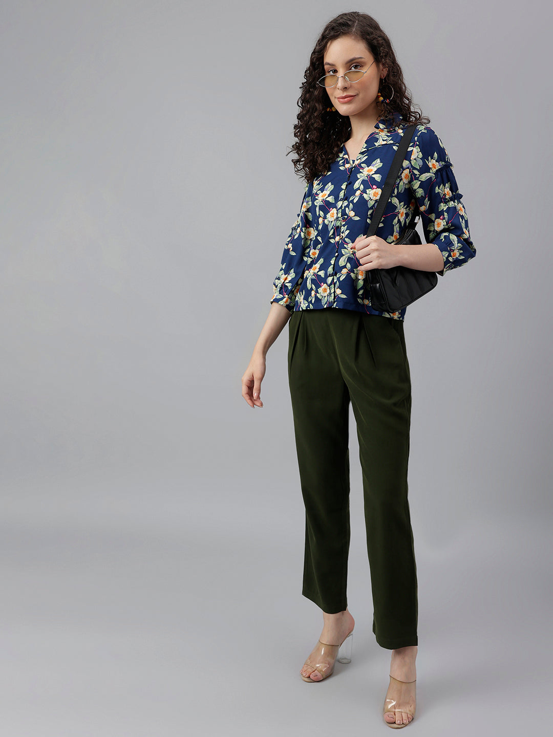Blue 3/4 Sleeve Printed Shirt Blouse Top
