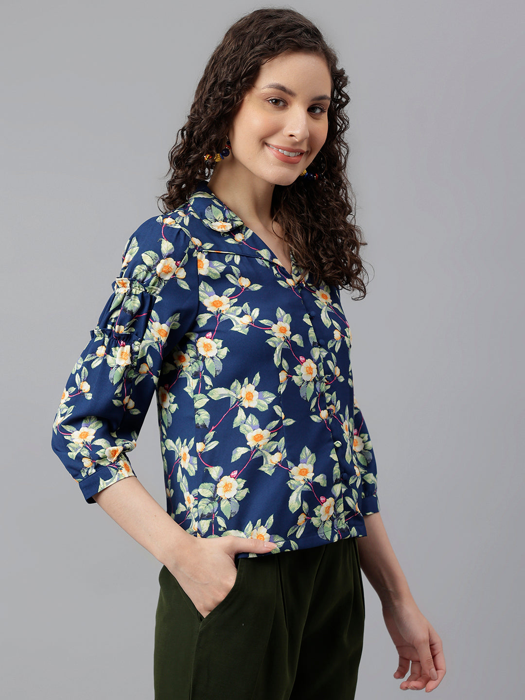 Blue 3/4 Sleeve Printed Shirt Blouse Top