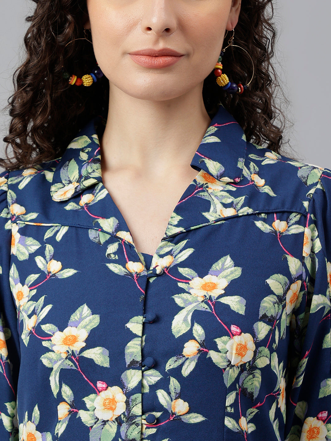 Blue 3/4 Sleeve Printed Shirt Blouse Top