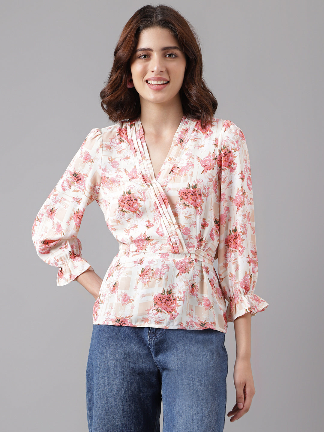 Peach 3/4 Sleeve Printed Normal Blouse