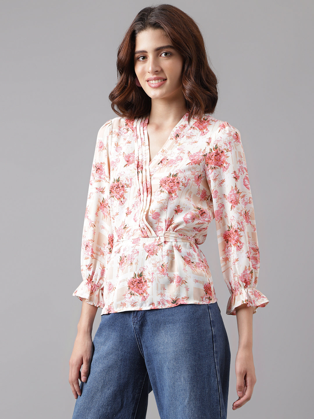 Peach 3/4 Sleeve Printed Normal Blouse
