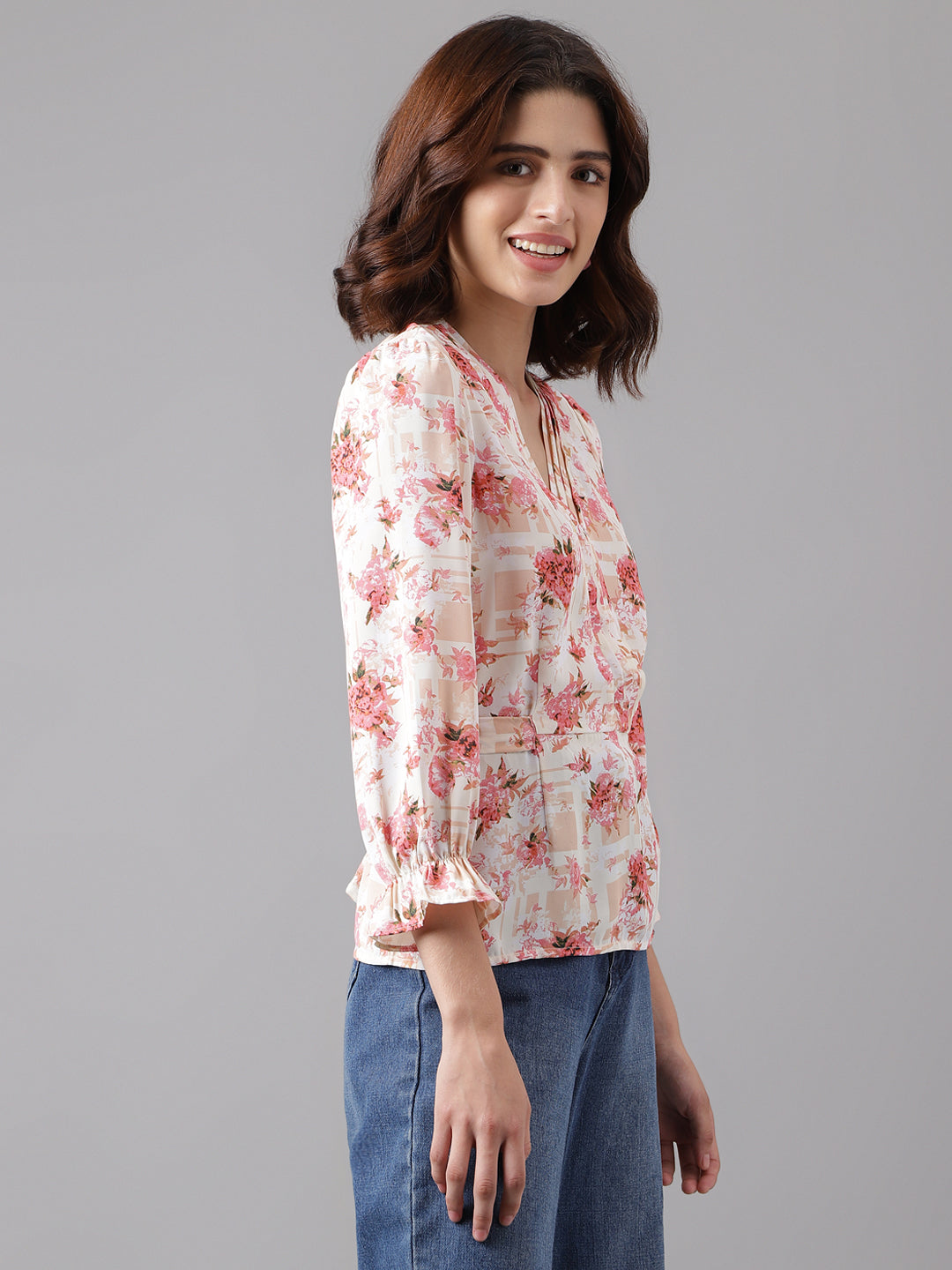 Peach 3/4 Sleeve Printed Normal Blouse