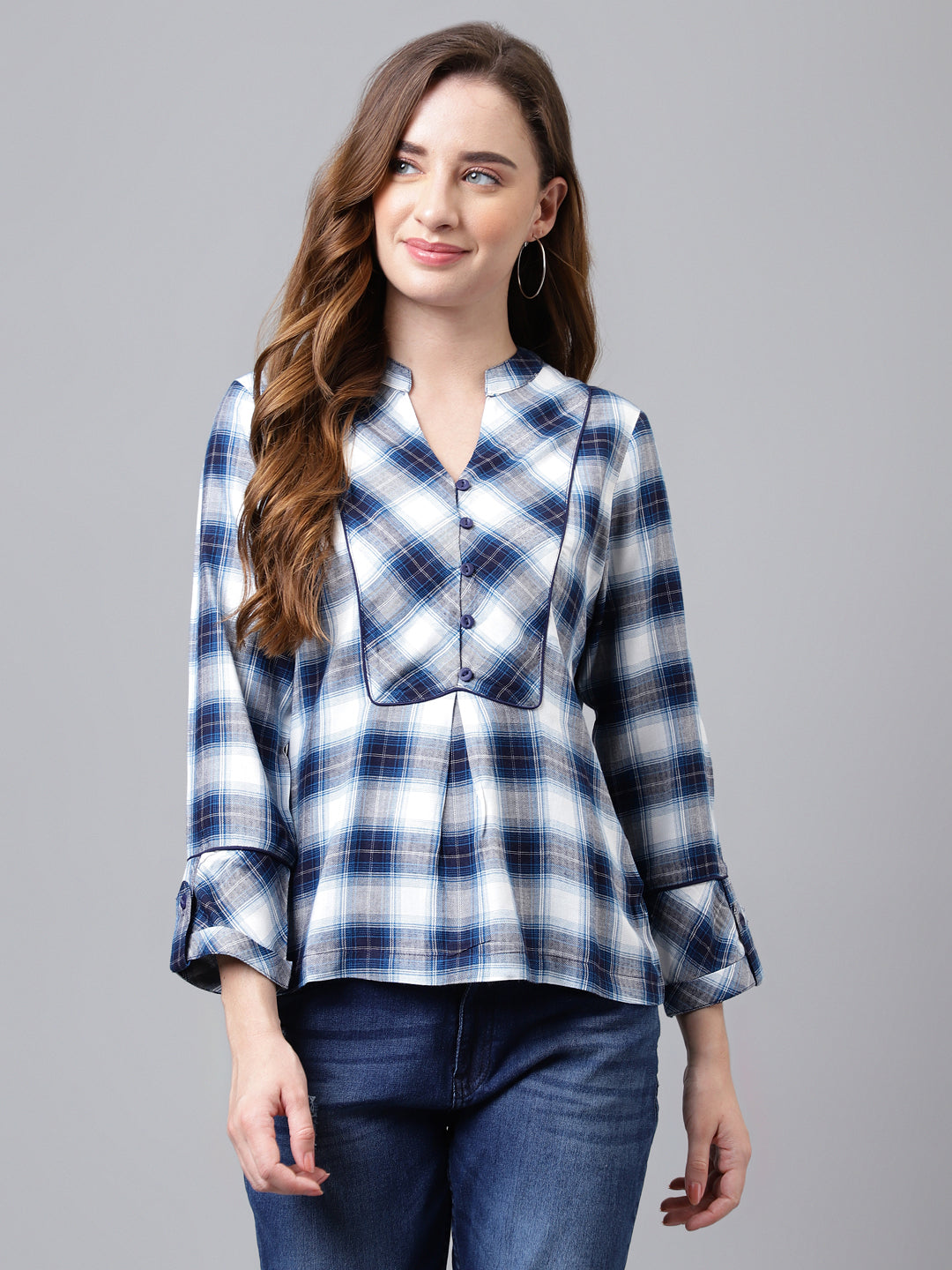 Teal 3/4 Sleeve Yarn Dyed Normal Shirt Blouse Top