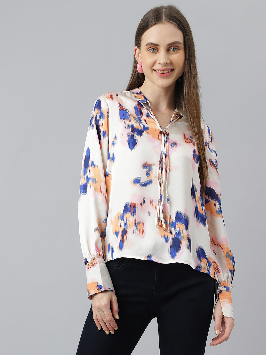Blue Full Sleeves Printed Blouse Classic Fit Top For Girls