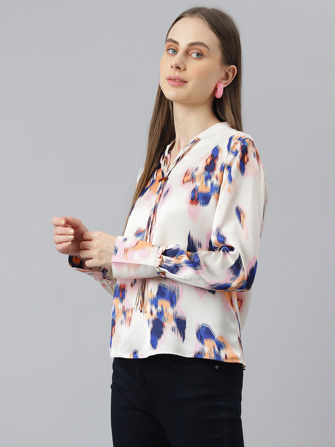 Blue Full Sleeves Printed Blouse Classic Fit Top For Girls