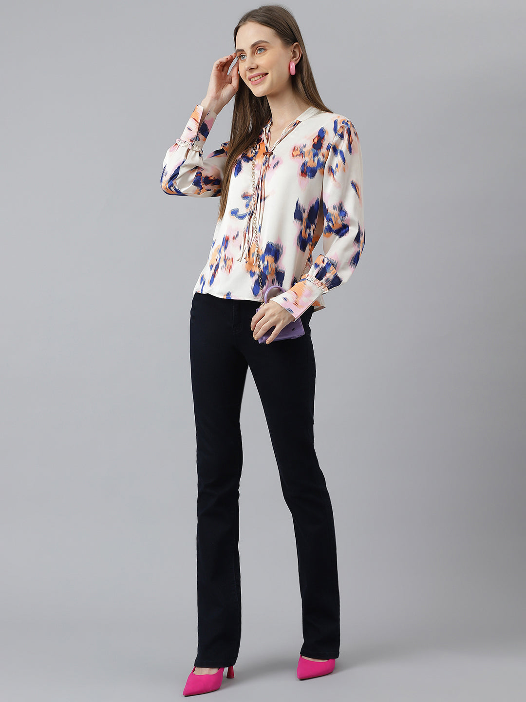 Blue Full Sleeves Printed Blouse Classic Fit Top For Girls