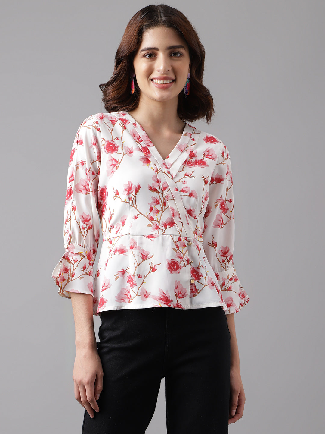 Pink 3/4 Sleeve Printed Normal Blouse Top