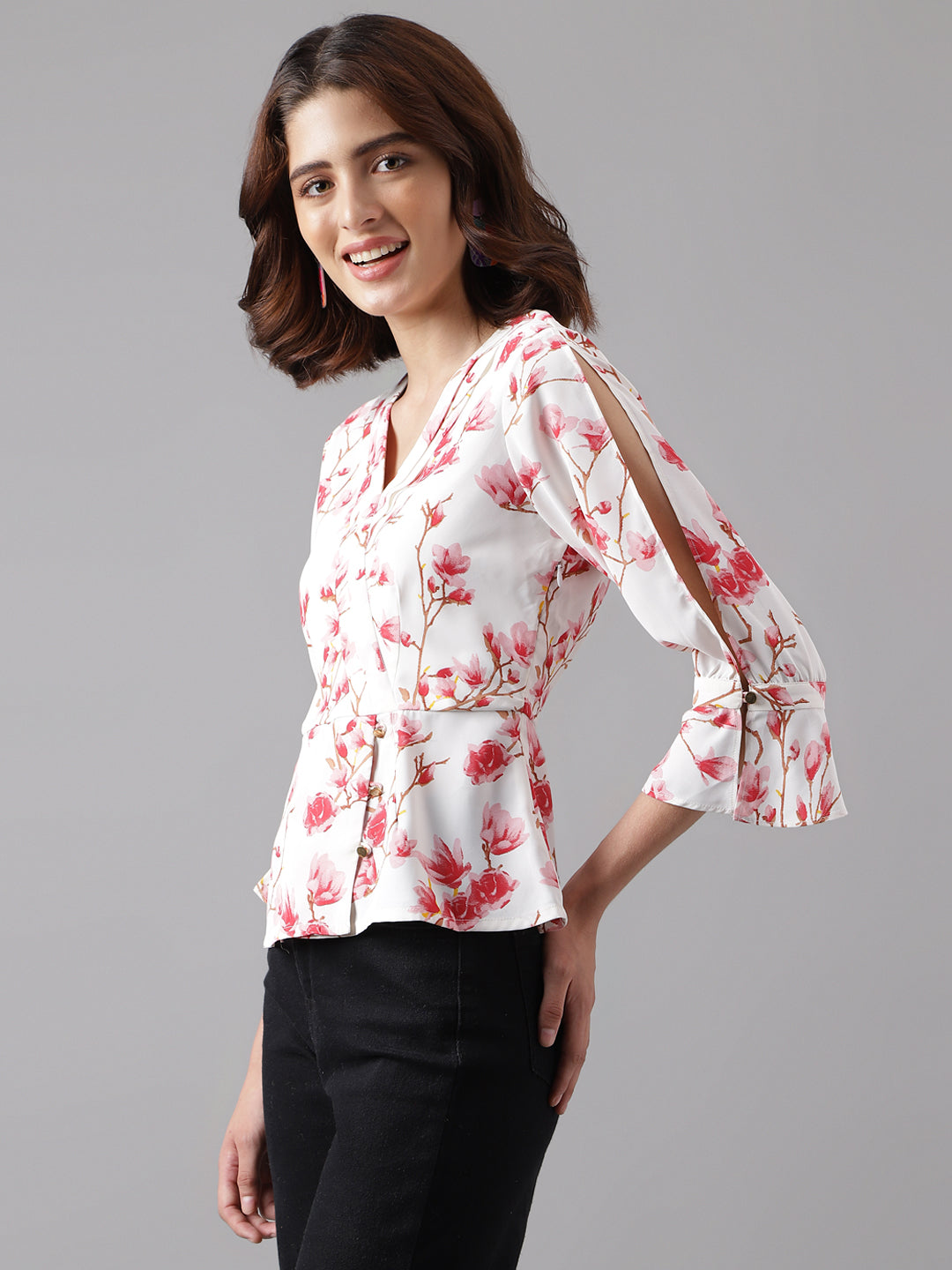 Pink 3/4 Sleeve Printed Normal Blouse Top