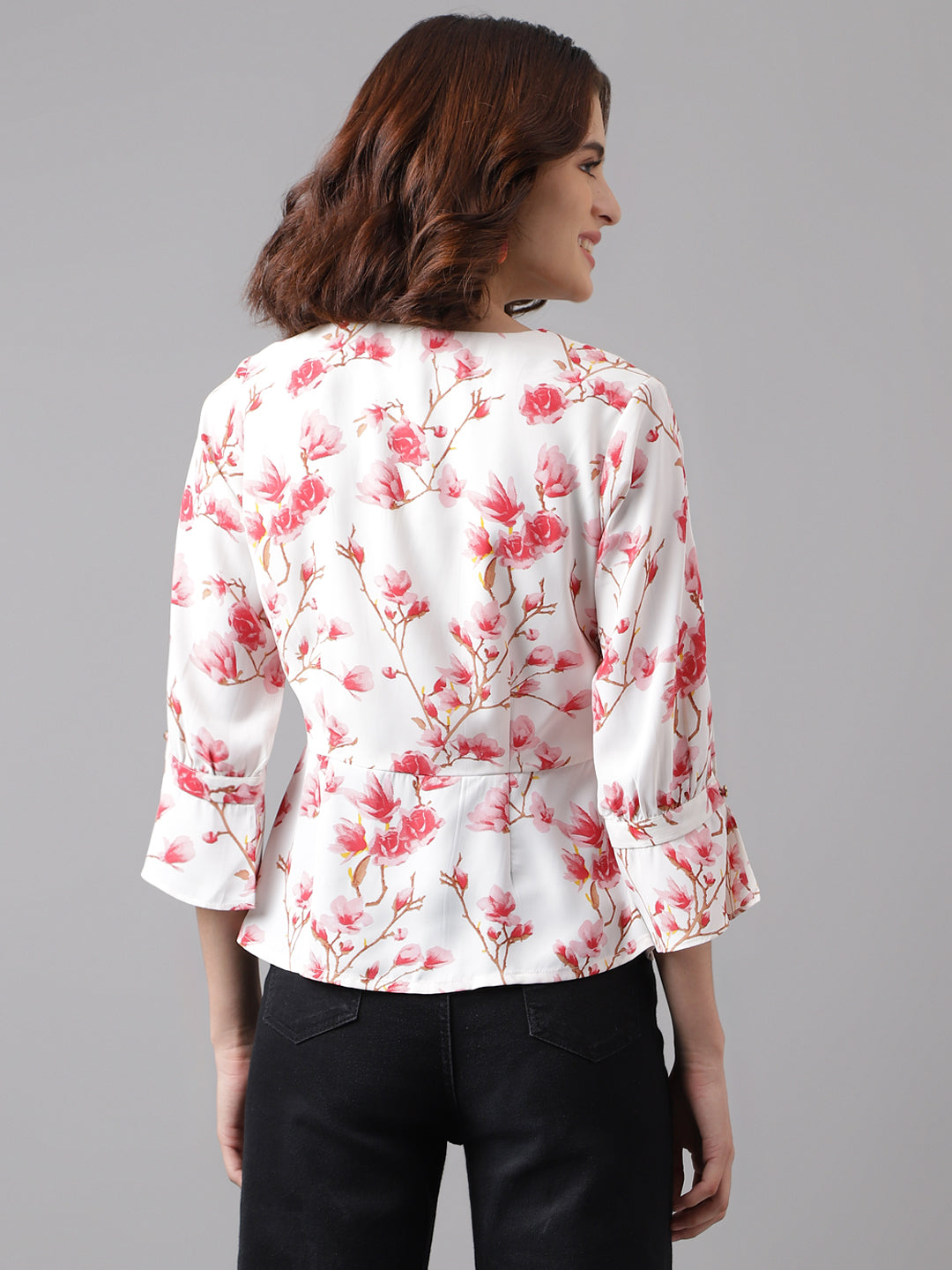 Pink 3/4 Sleeve Printed Normal Blouse Top