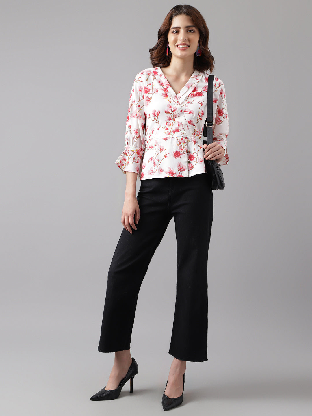 Pink 3/4 Sleeve Printed Normal Blouse Top