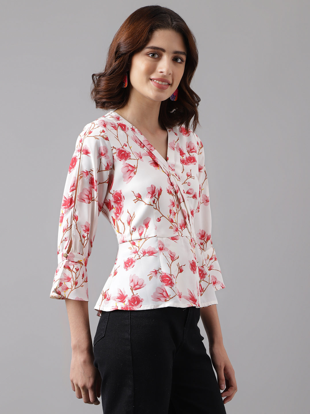Pink 3/4 Sleeve Printed Normal Blouse Top