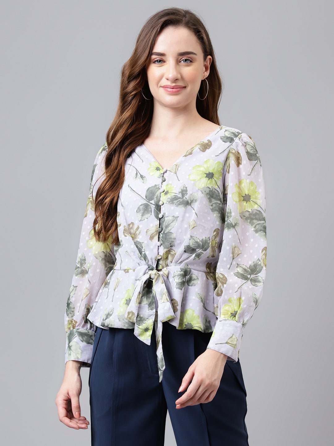 Grey Full Sleeve Printed Normal Blouse Top