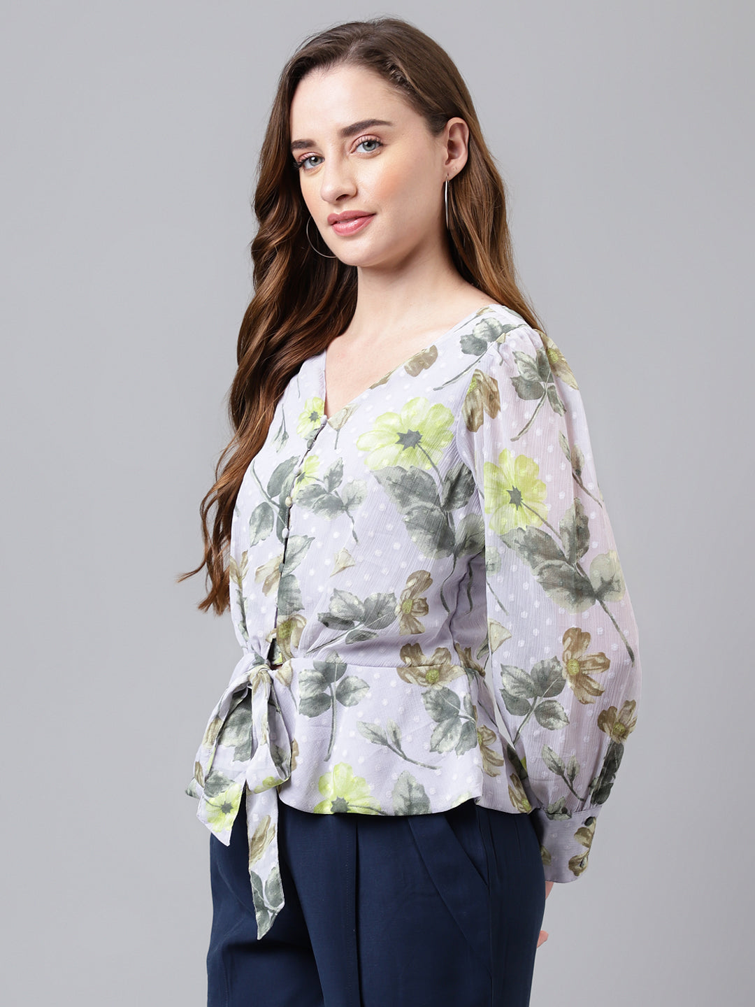 Grey Full Sleeve Printed Normal Blouse Top