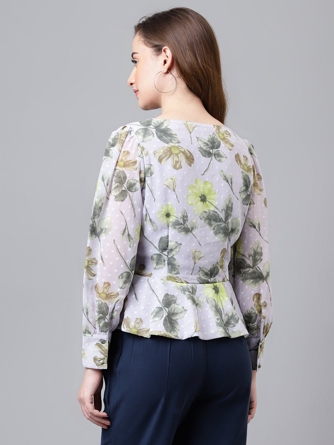 Grey Full Sleeve Printed Normal Blouse Top