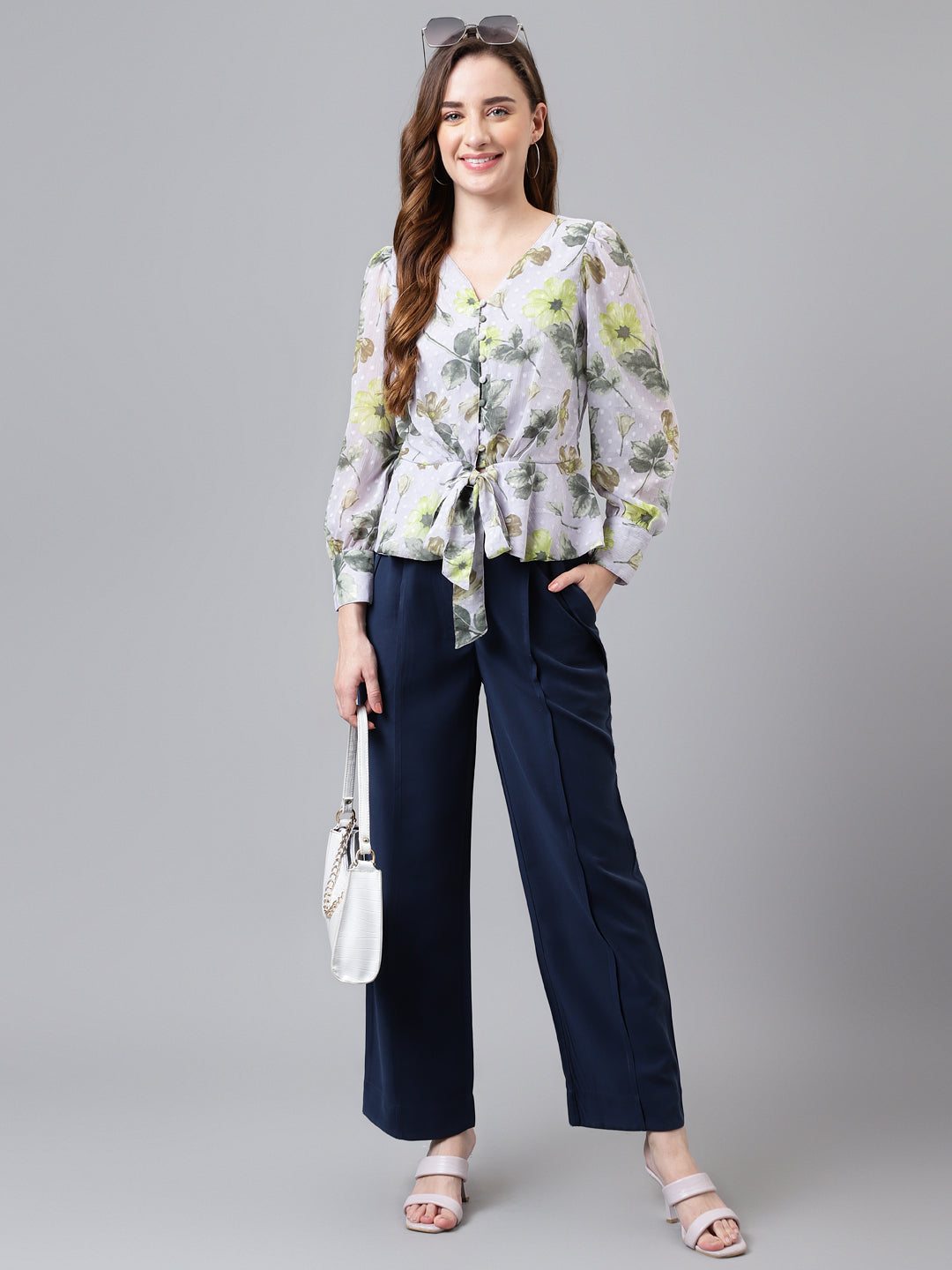 Grey Full Sleeve Printed Normal Blouse Top