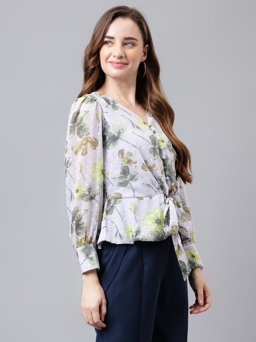 Grey Full Sleeve Printed Normal Blouse Top