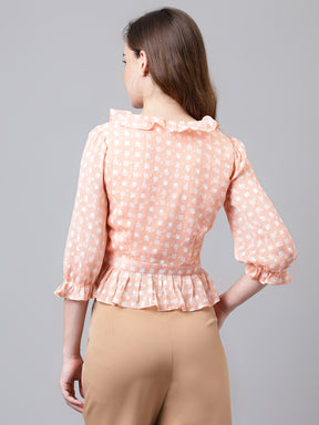 Orange 3/4 Sleeve Ruffle Neck Printed Women Short Blouse Top