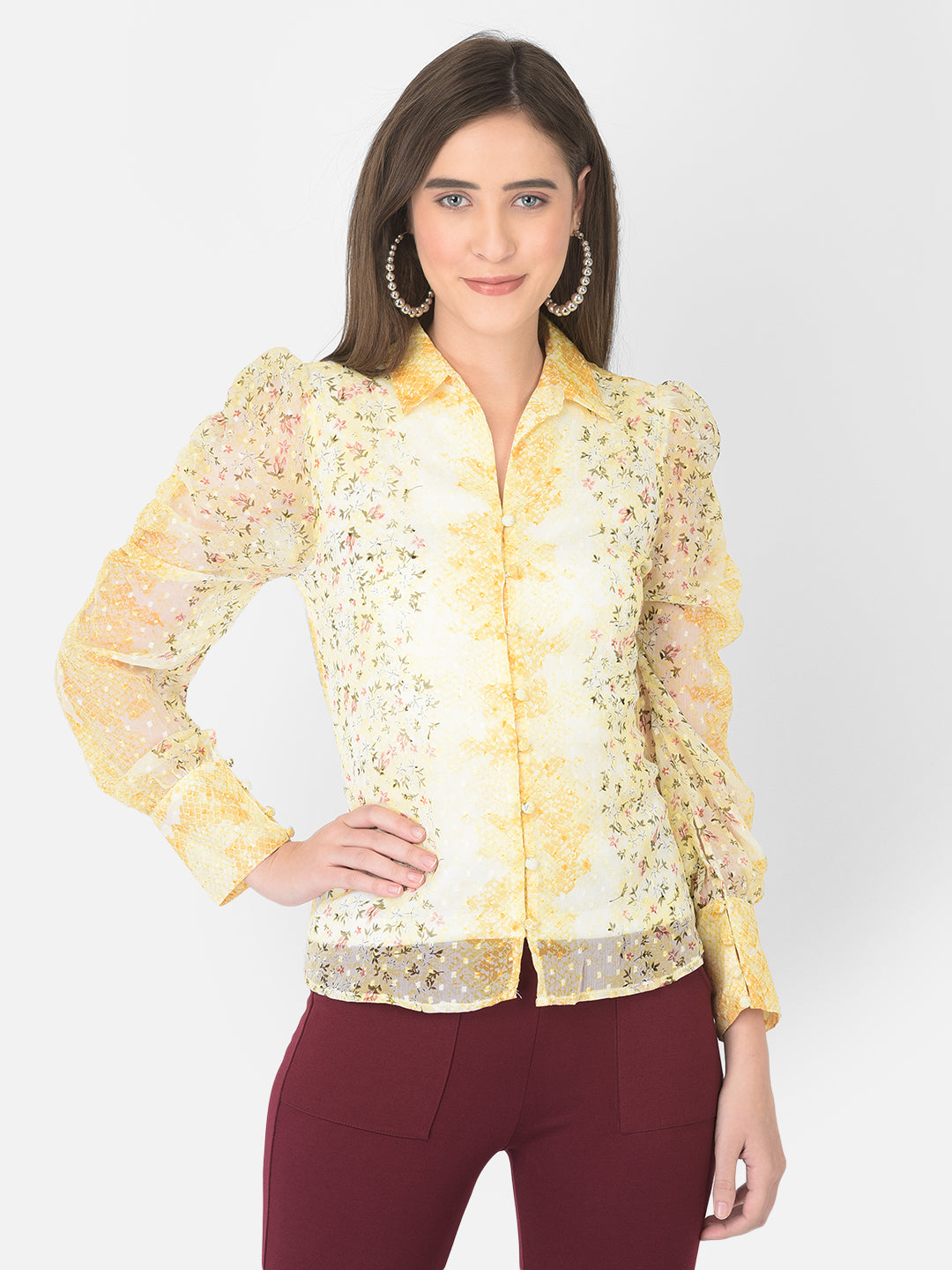 Yellow Shirt Collar Long Sleeves Printed Top For Casual Wear