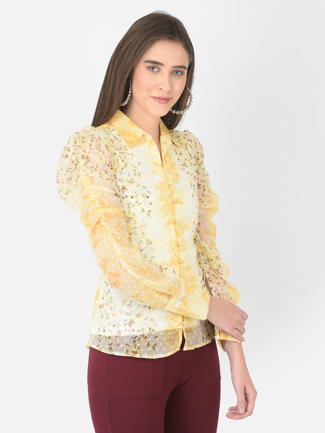 Yellow Shirt Collar Long Sleeves Printed Top For Casual Wear