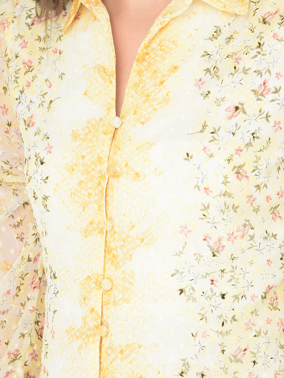 Yellow Shirt Collar Long Sleeves Printed Top For Casual Wear