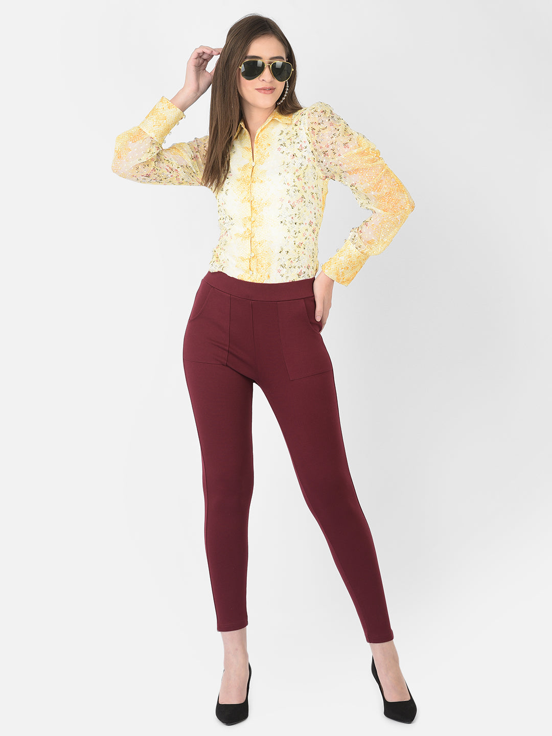 Yellow Shirt Collar Long Sleeves Printed Top For Casual Wear