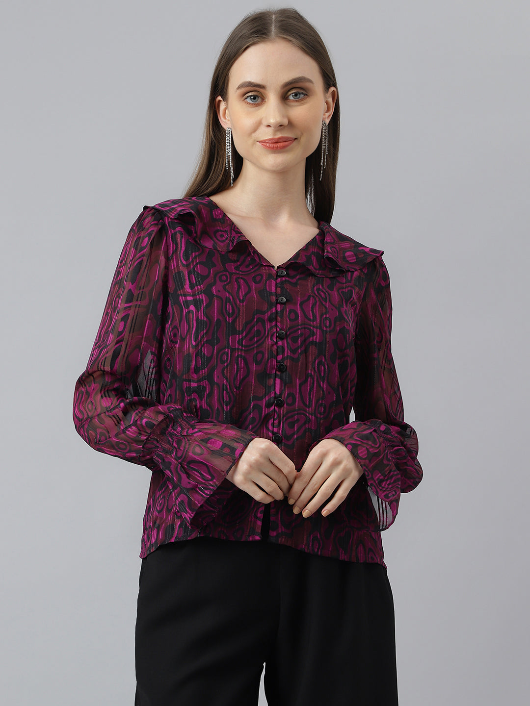 Wine Full Sleeve V-Neck Printed Women Blouse Top for Casual