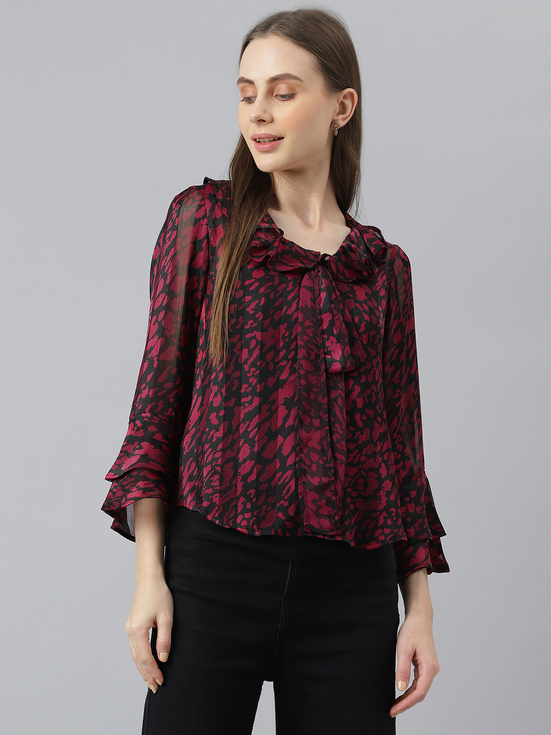 Maroon Full Sleeve Round Neck Printed Women Blouse Top
