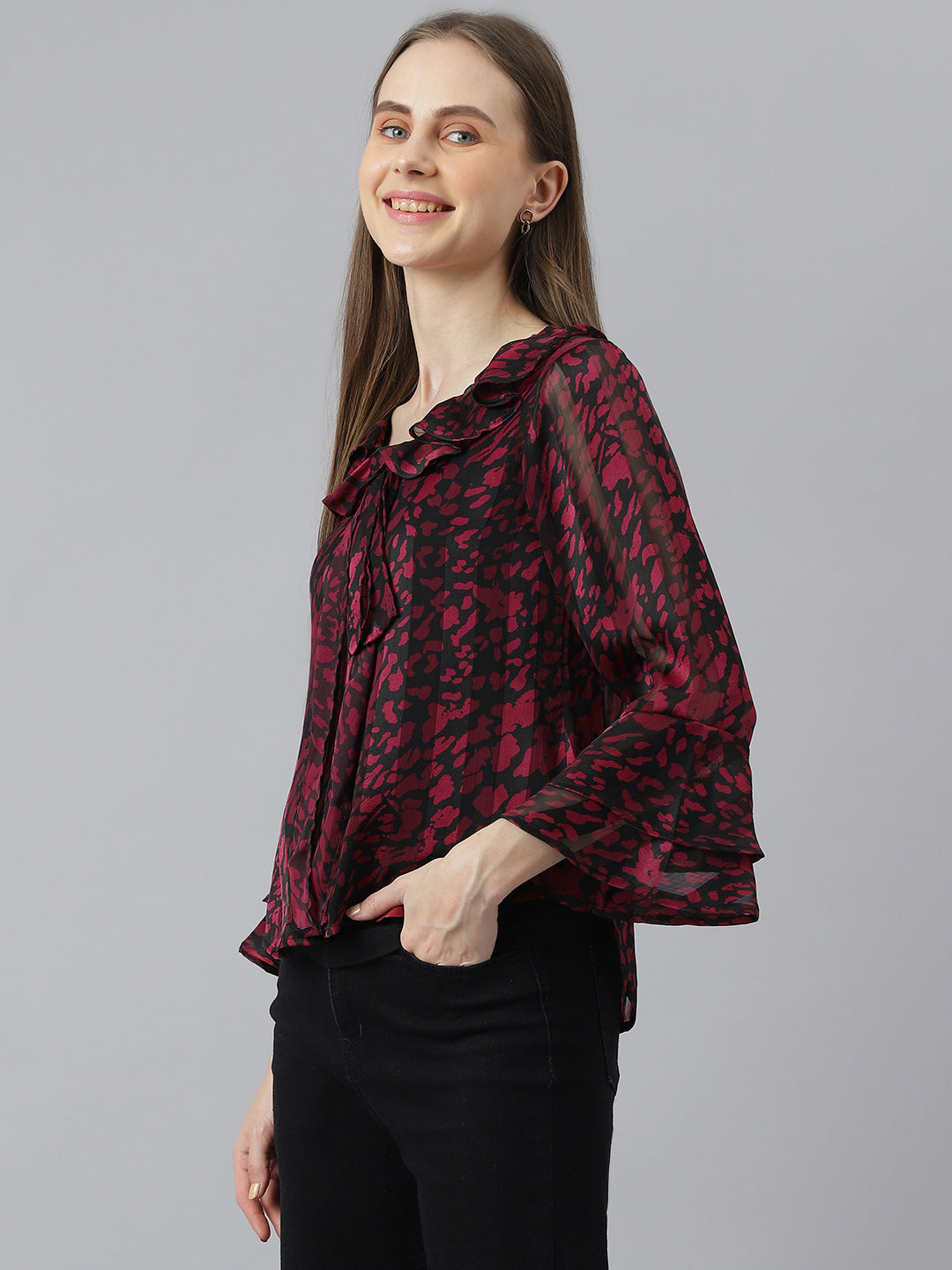 Maroon Full Sleeve Round Neck Printed Women Blouse Top