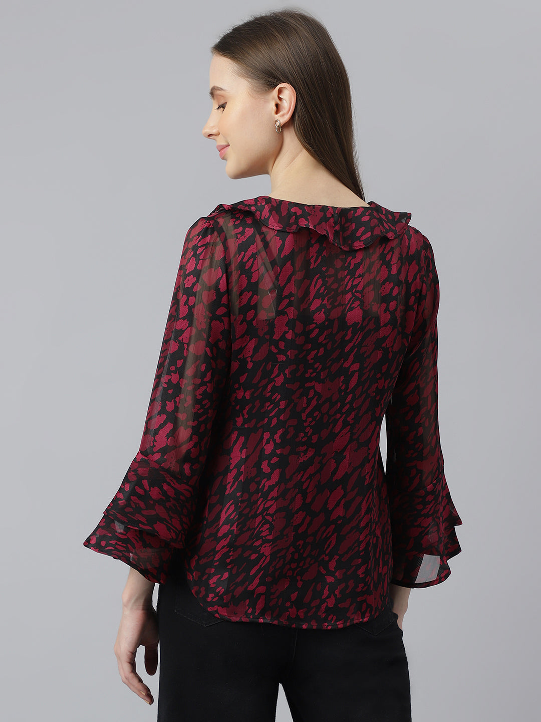 Maroon Full Sleeve Round Neck Printed Women Blouse Top
