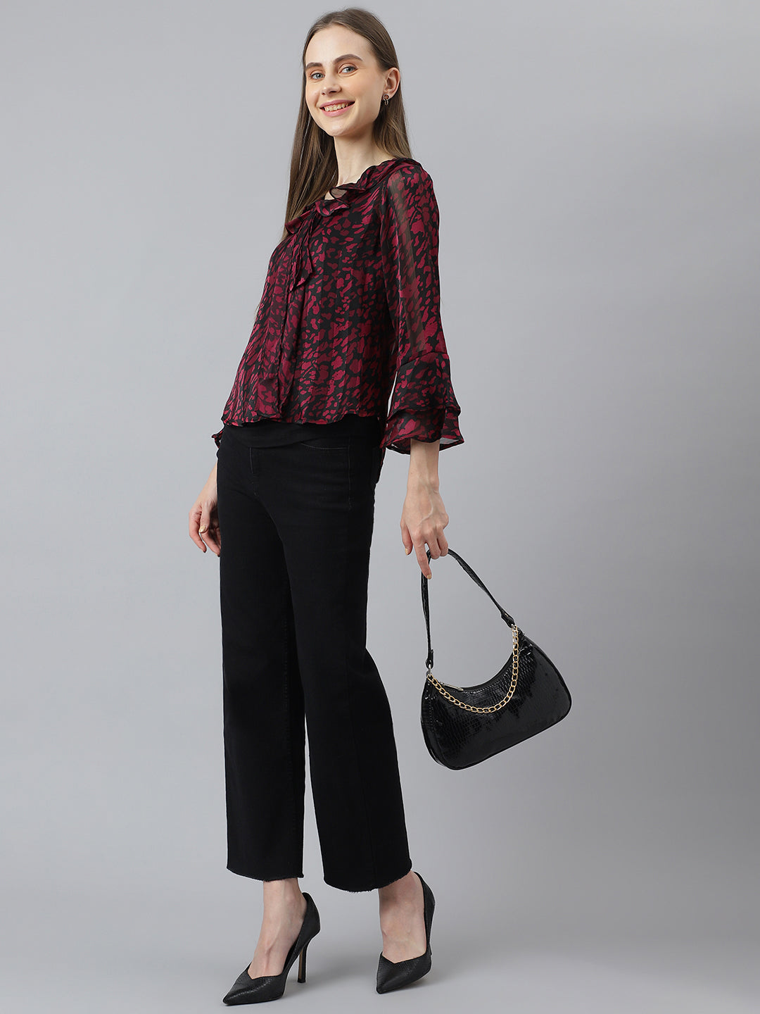 Maroon Full Sleeve Round Neck Printed Women Blouse Top