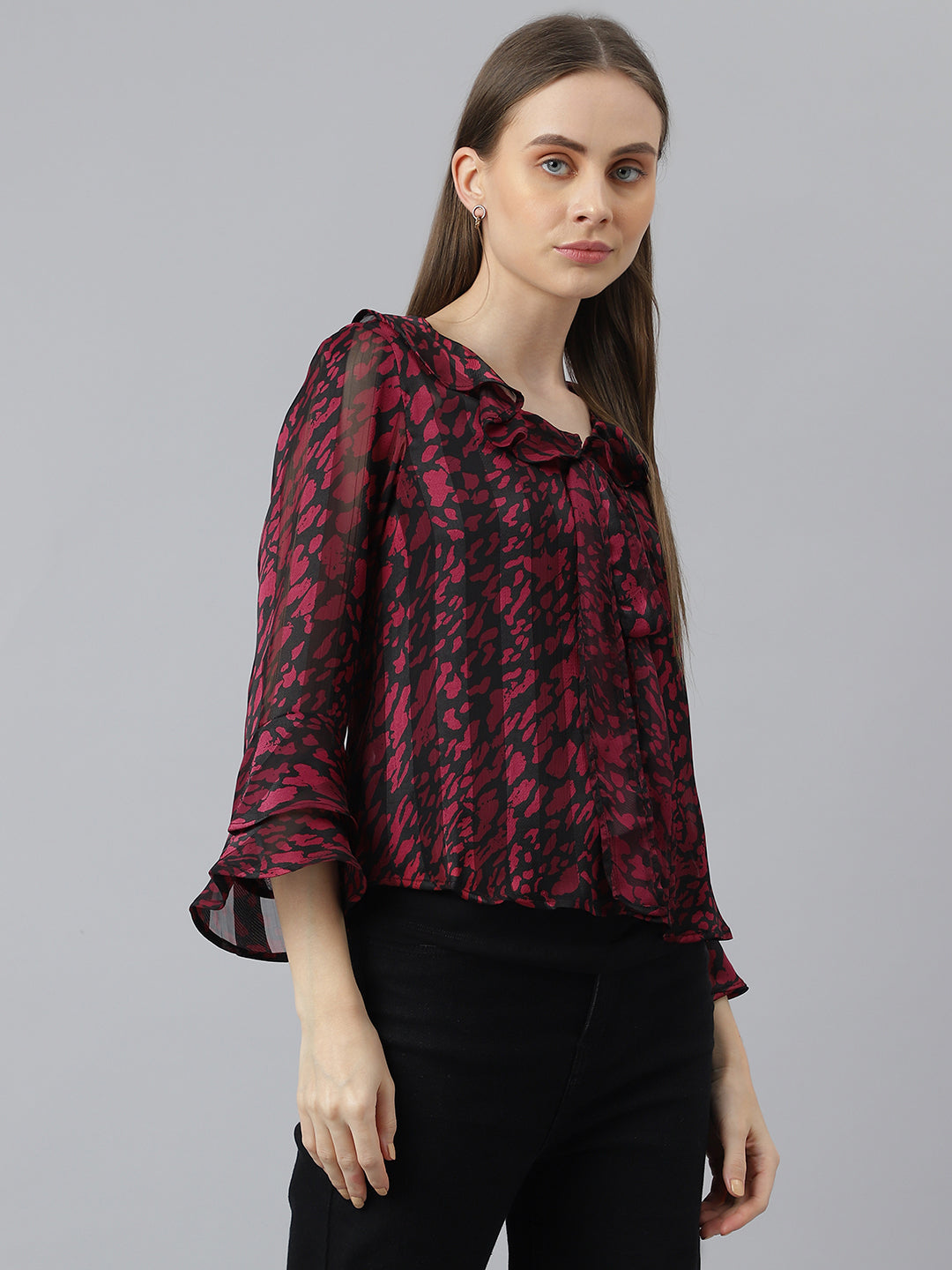 Maroon Full Sleeve Round Neck Printed Women Blouse Top