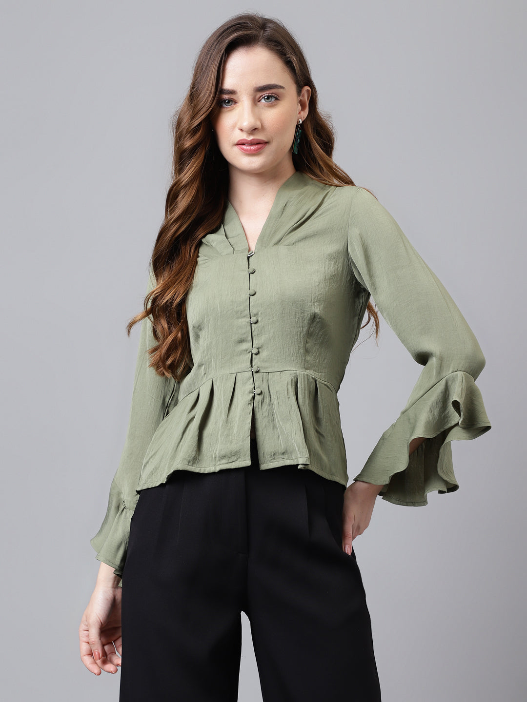 Green 3/4 Sleeve Solid Normal Blouse Top