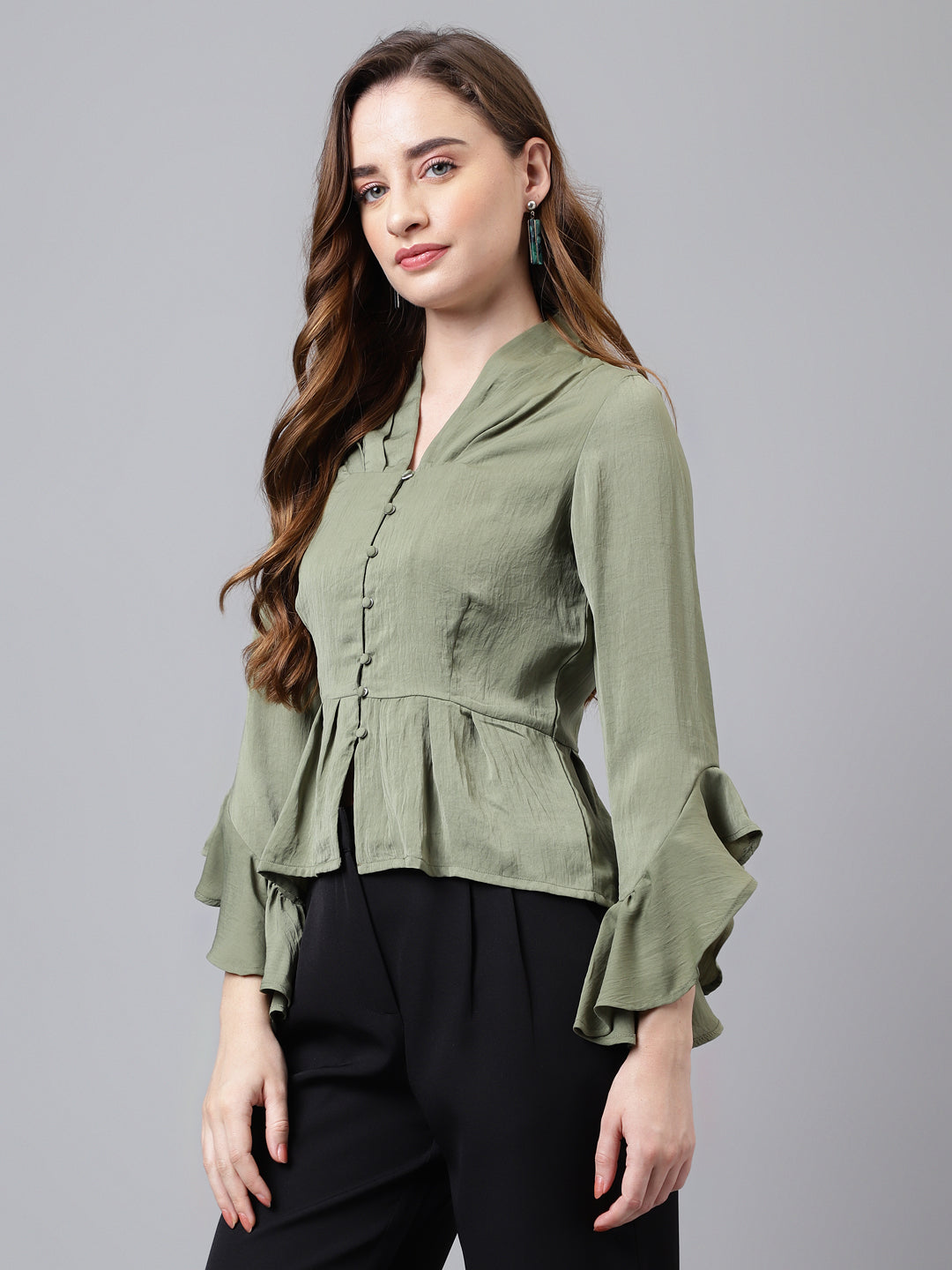Green 3/4 Sleeve Solid Normal Blouse Top
