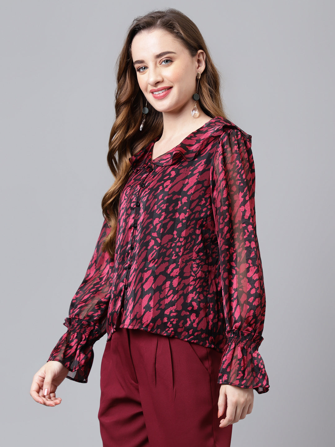 Maroon Full Sleeve Collar Neck Printed Women Blouse Top for Casual