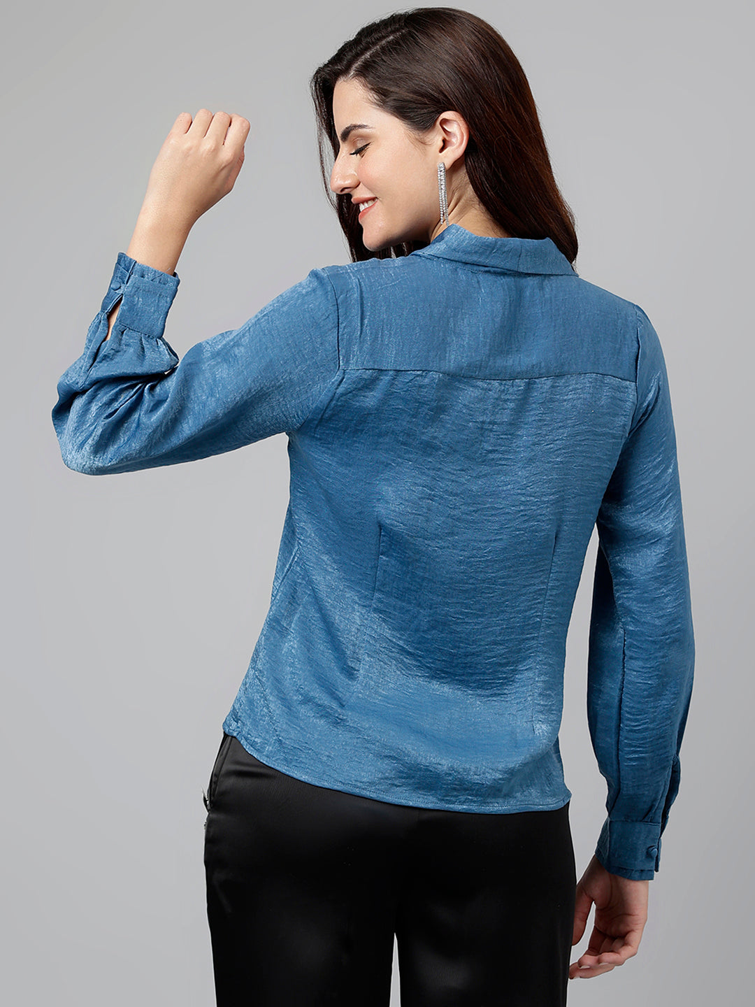 Blue Solid Polyester Blouse
