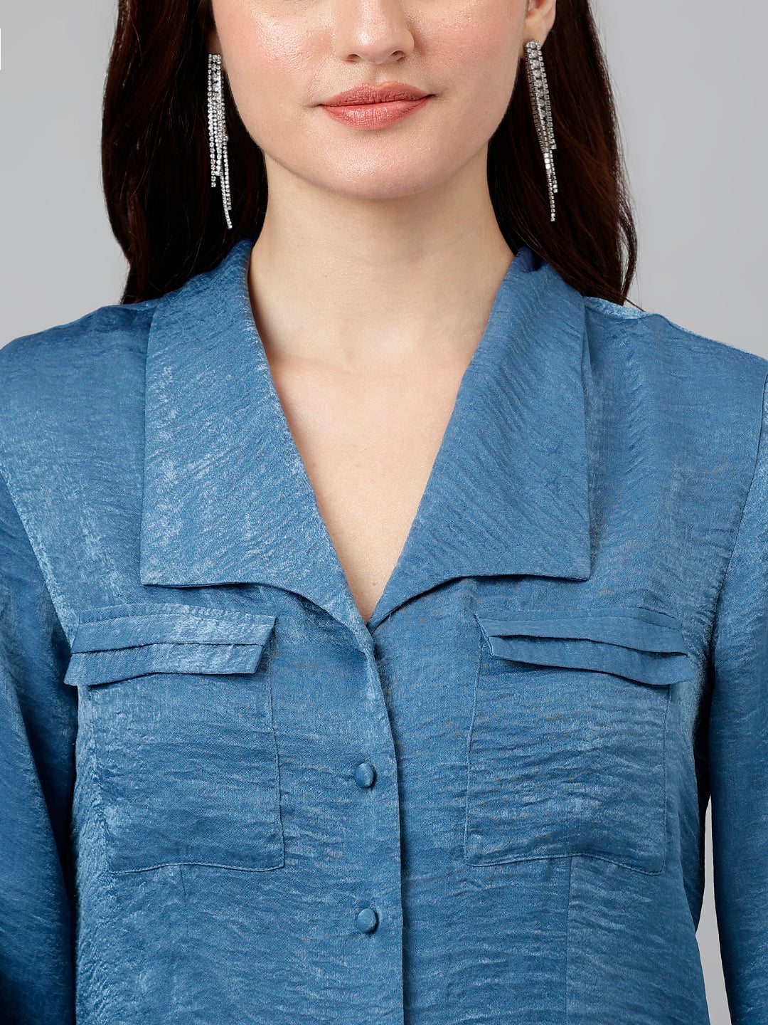 Blue Solid Polyester Blouse