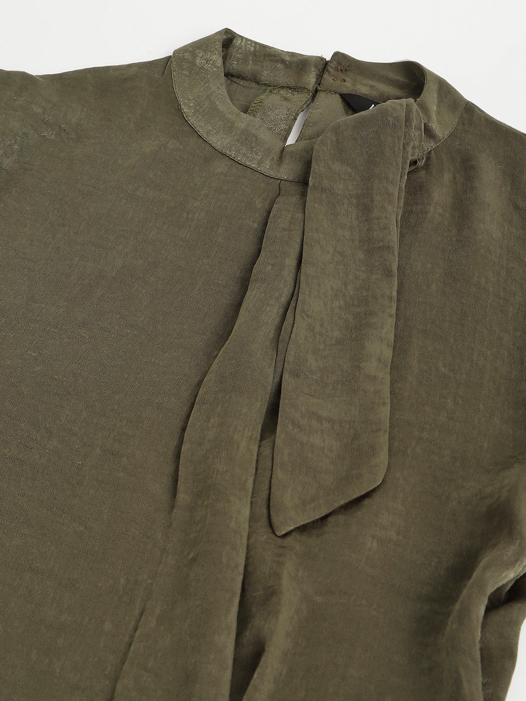 Green Full Sleeve Tie Up Neck Solid Blouse Top