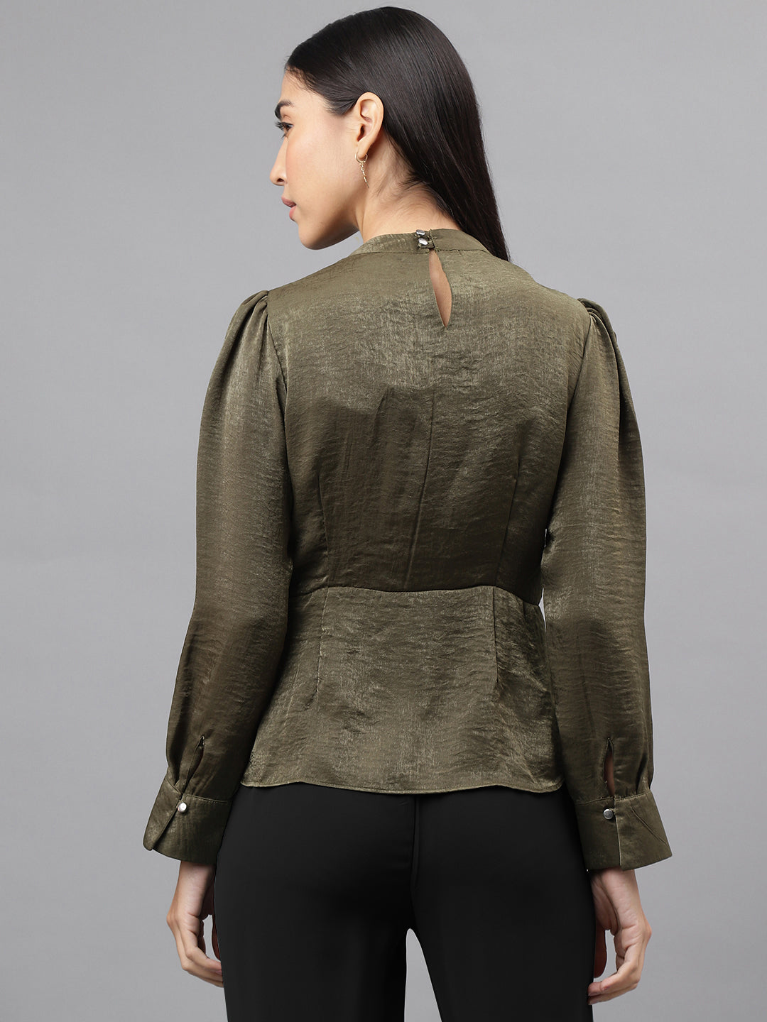 Green Full Sleeve Tie Up Neck Solid Blouse Top
