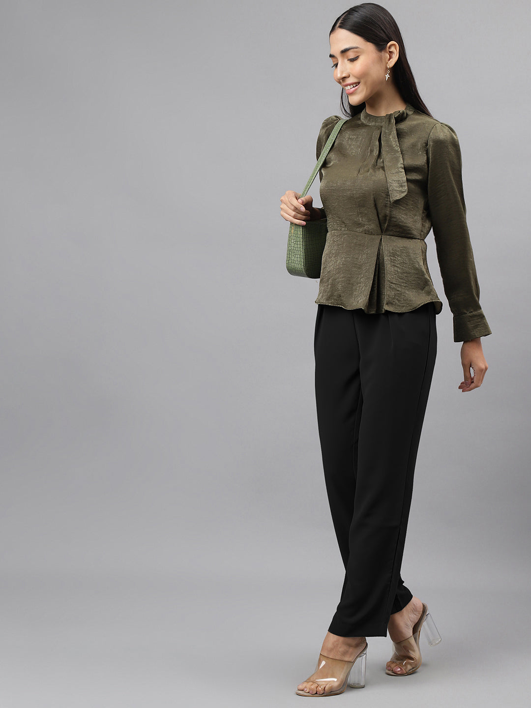 Green Full Sleeve Tie Up Neck Solid Blouse Top
