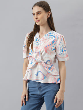 Peach Half Sleeve V-Neck Women Blouse Top for Casual
