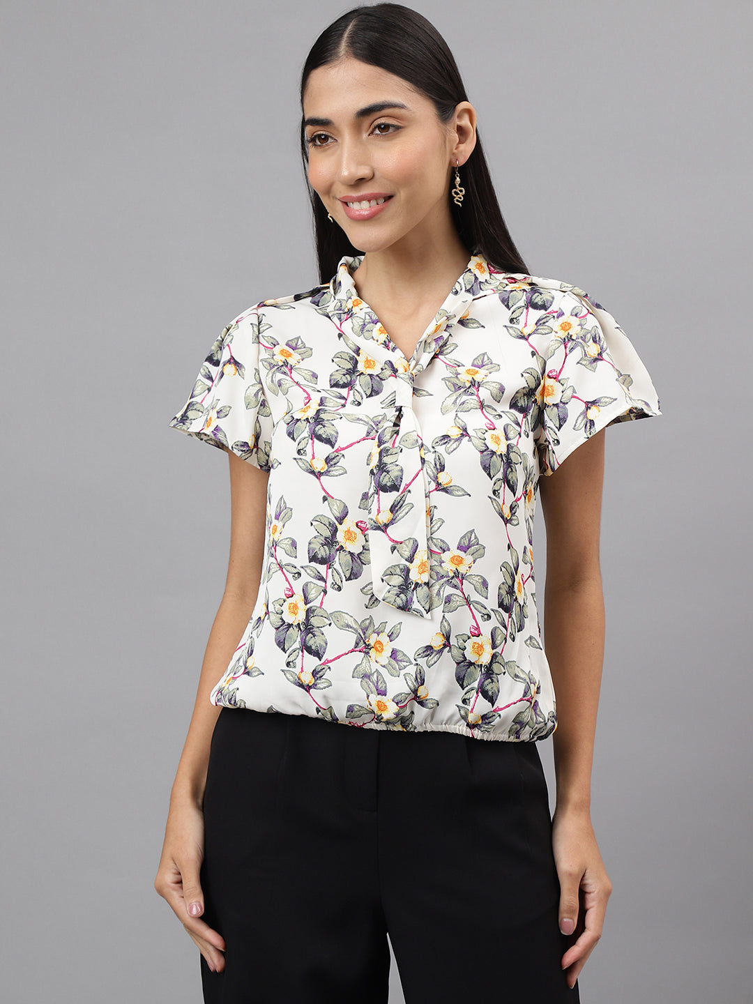 Cream Cap Sleeve Tie Up Neck Floral Print Blouse Top
