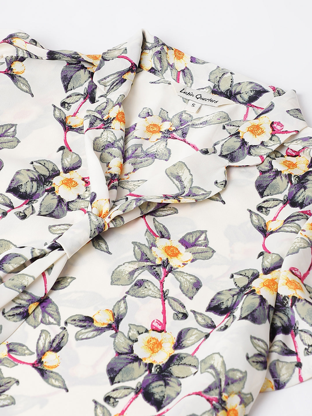 Cream Cap Sleeve Tie Up Neck Floral Print Blouse Top