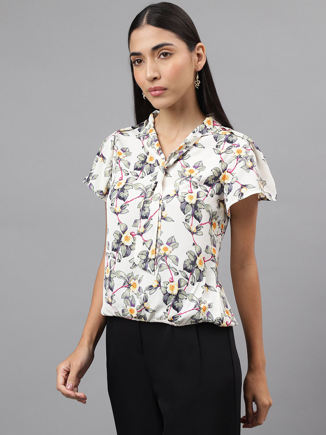 Cream Cap Sleeve Tie Up Neck Floral Print Blouse Top