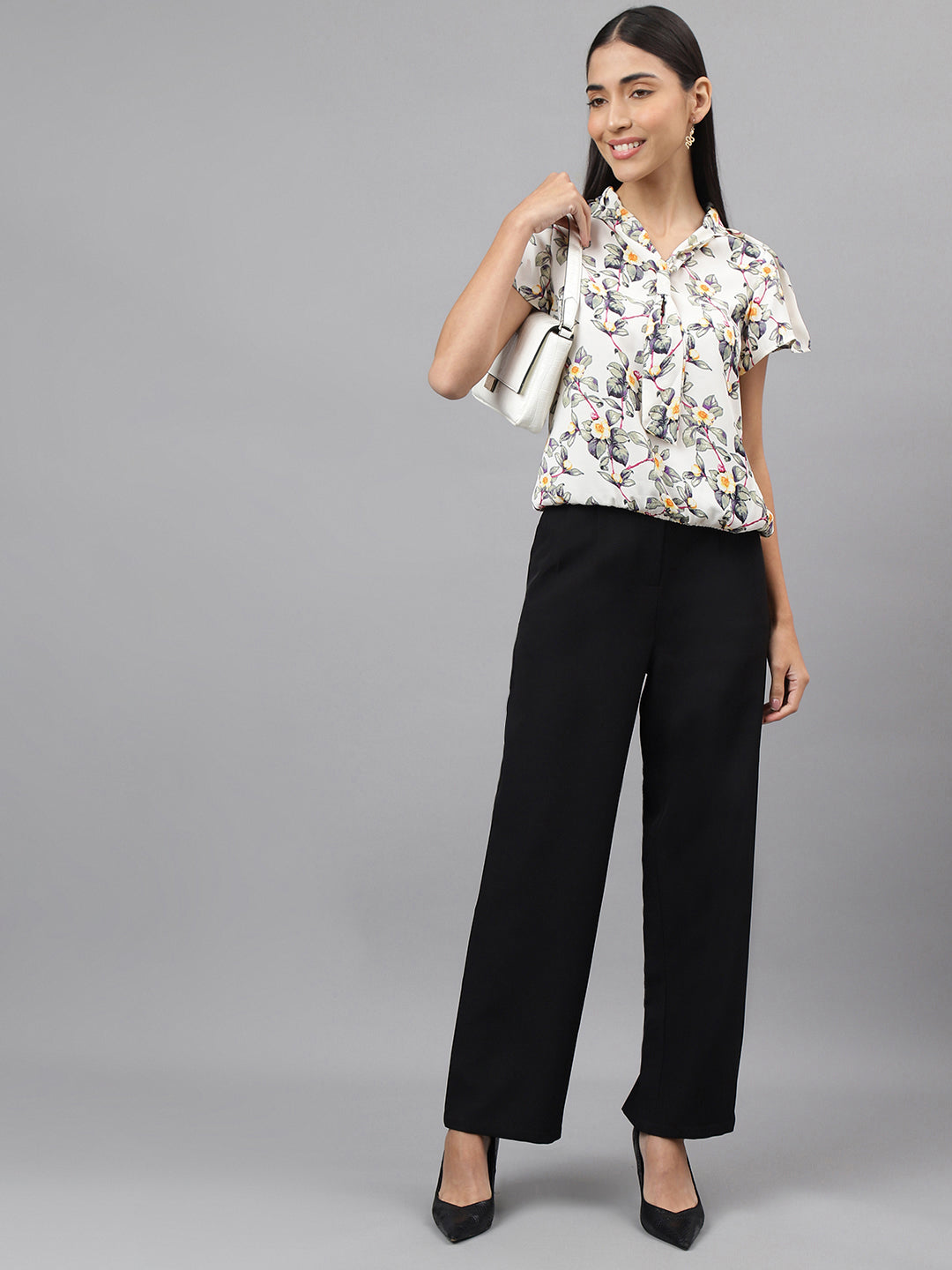 Cream Cap Sleeve Tie Up Neck Floral Print Blouse Top