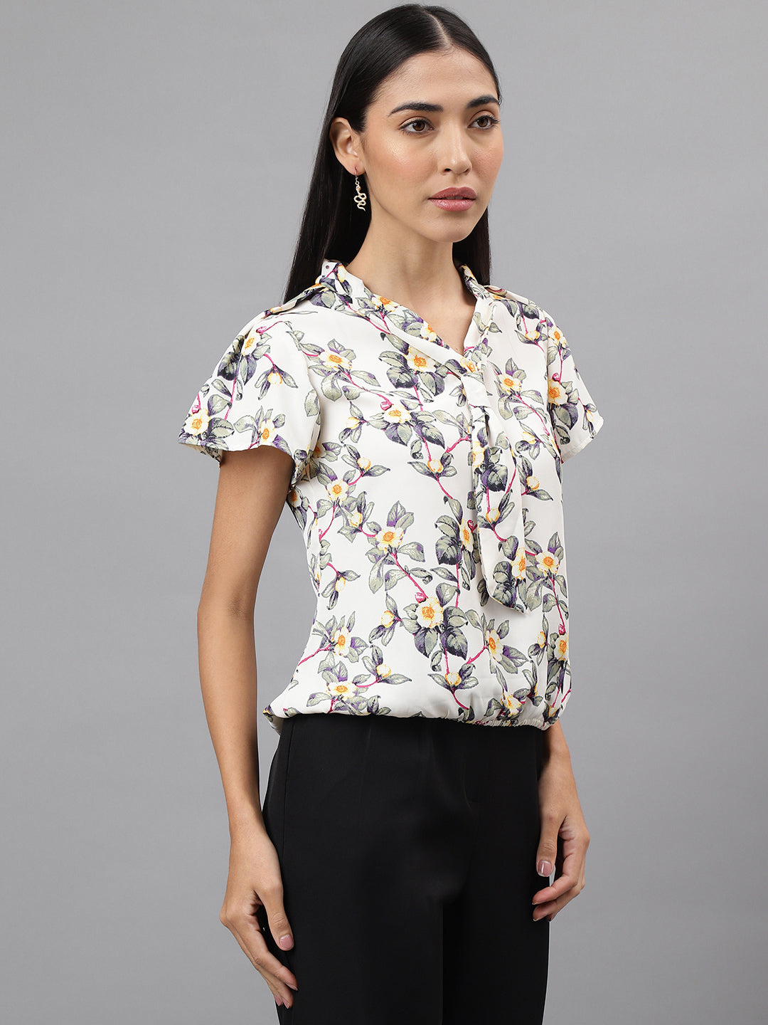 Cream Cap Sleeve Tie Up Neck Floral Print Blouse Top