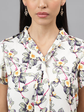 Cream Cap Sleeve Tie Up Neck Floral Print Blouse Top